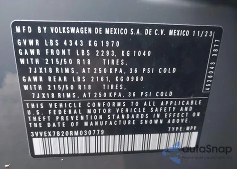 2024 Volkswagen Taos 1.5T Se from USA, damaged, VIN 3VVEX7B20RM030779